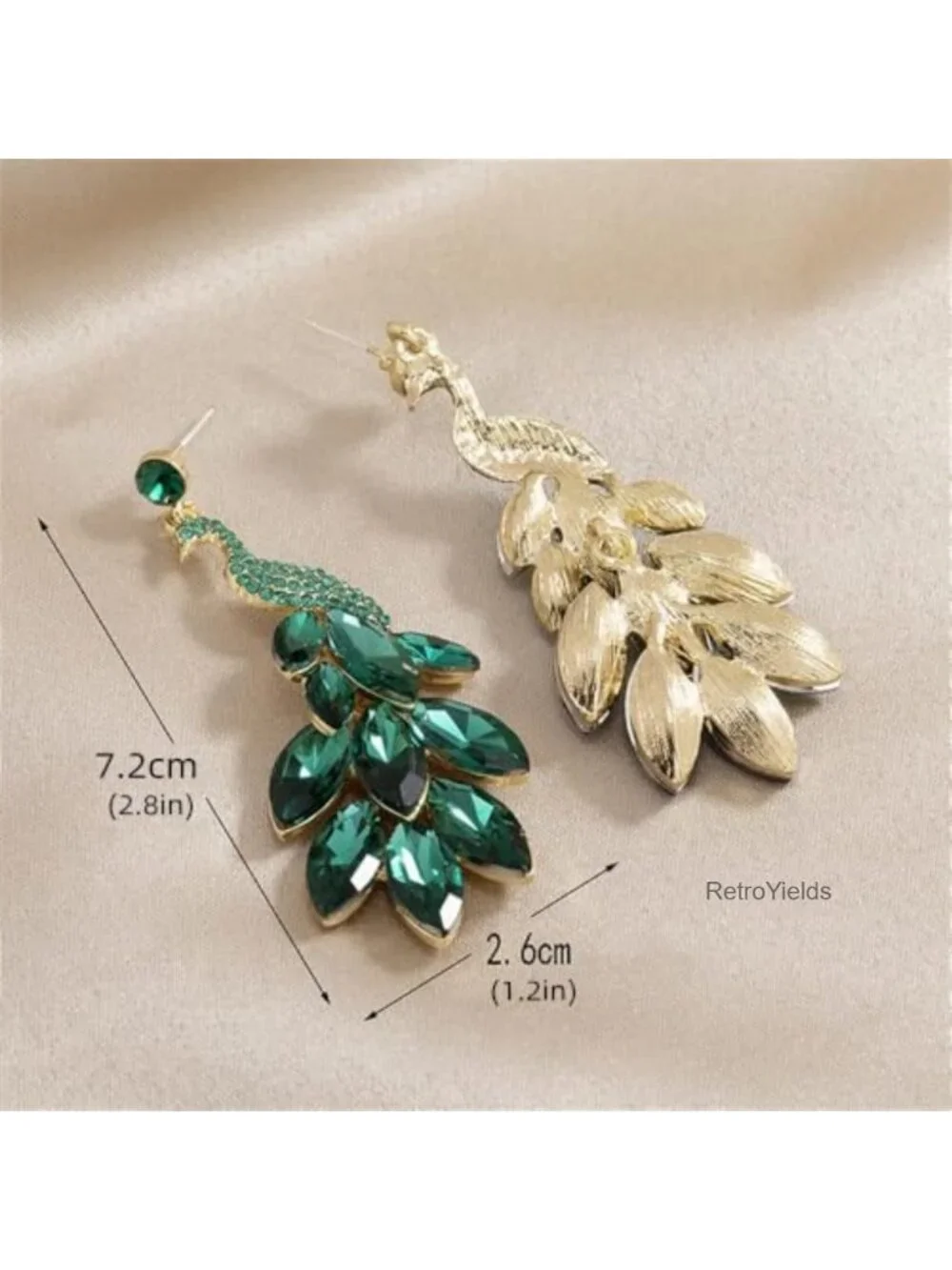 Vintage Peacock Dangle Earrings 14K Gold Plated Green Crystal Feather Statement